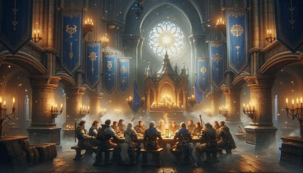 Drużyna gildii planująca wspólną przygodę w wielkiej sali